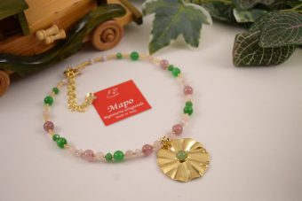 Collana Fiore corta dorata verde-rosa
