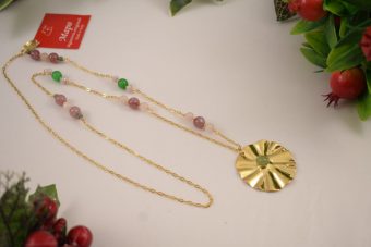Collana Fiore lunga dorata verde-rosa