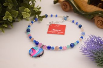 Alternative view of Collana Fiore corta argentata blu, fucsia e rosa