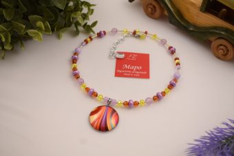 Collana Fiore corta argentata gialla, viola e ambra