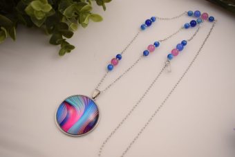 Collana Fiore lunga argentata blu-fucsia